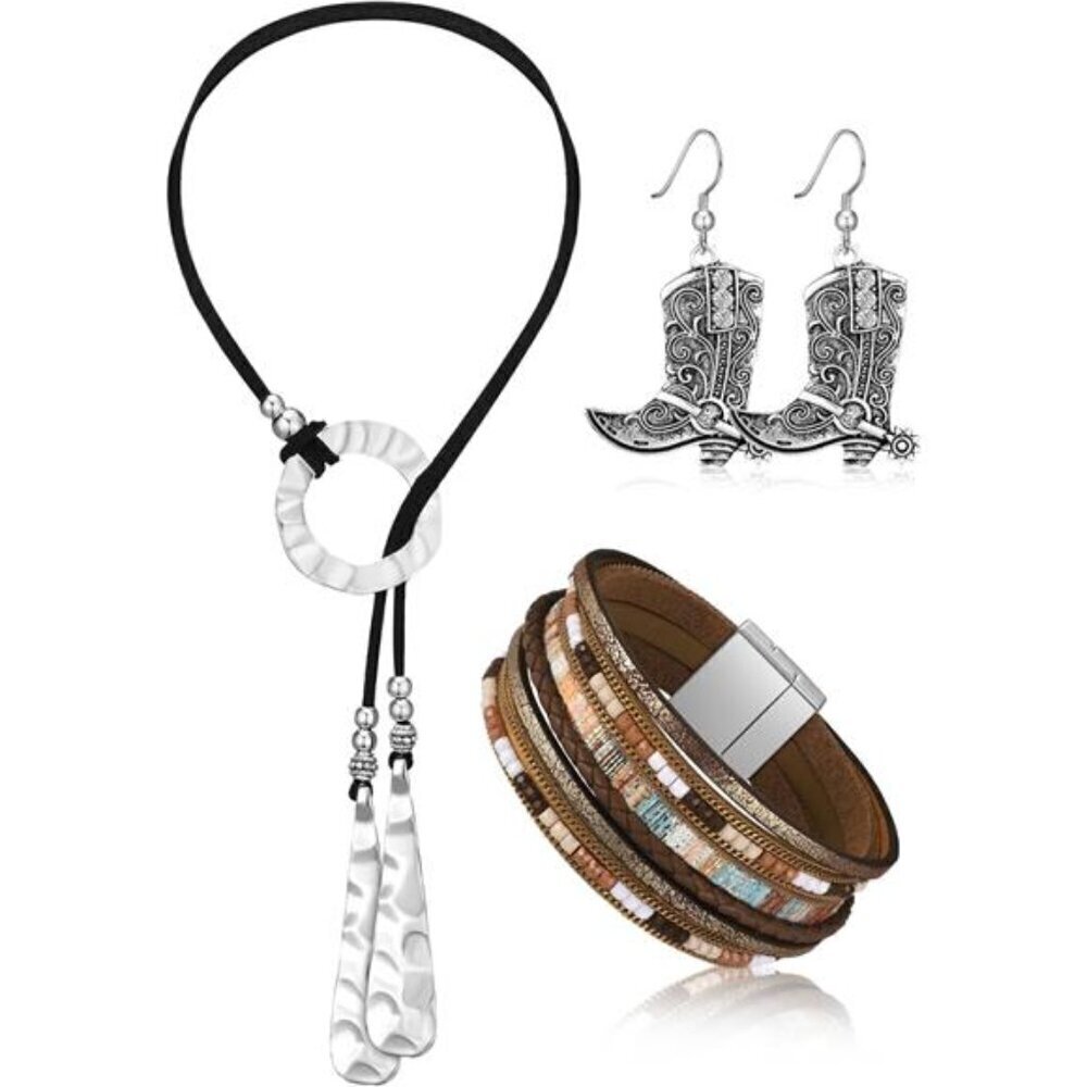 3 Pcs Western Jewelry for Women Bohemian Set, Boho Pendant Long Choker,